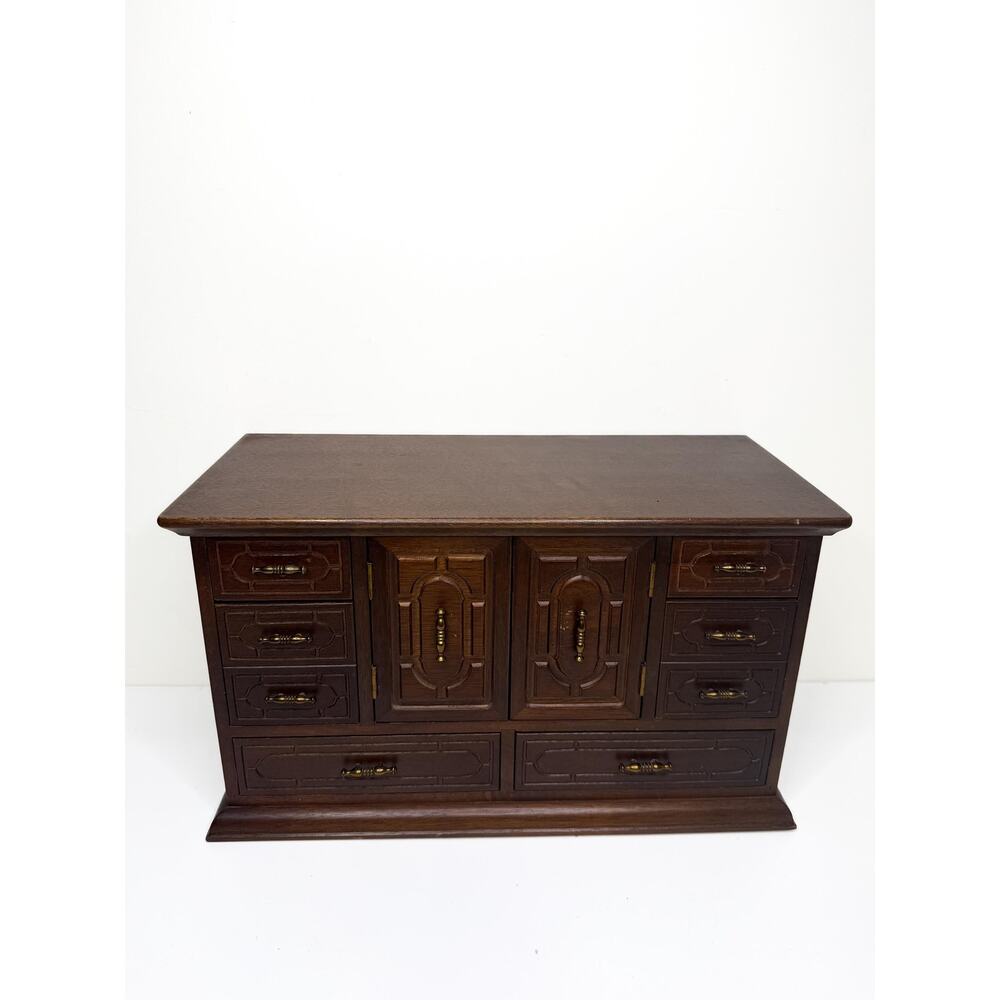 Rare Vintage MCM wooden Large jewelry box with lots of drawers, brass tone